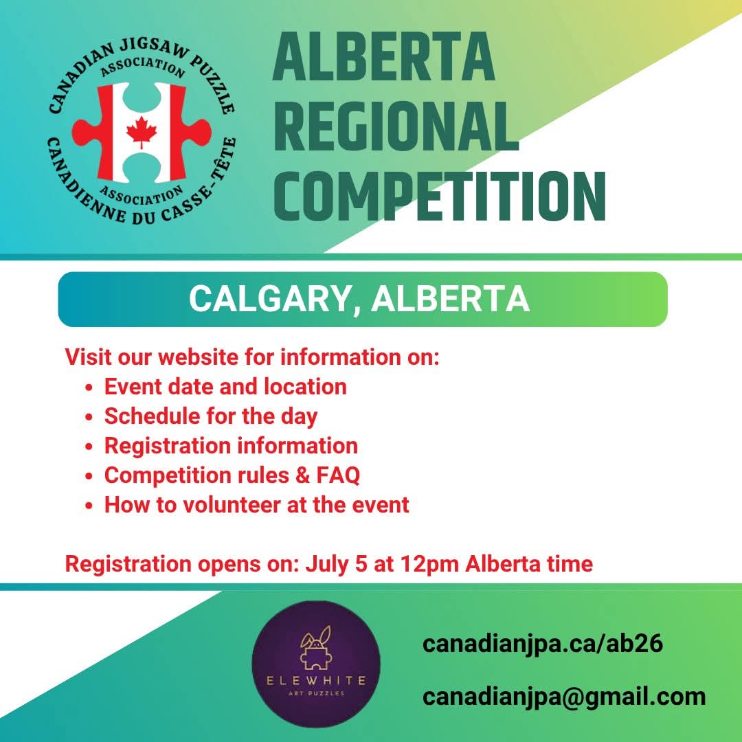 Official Canadian Jigsaw Puzzle Association Alberta Regional Competition notice, sponsored by Elewhite.